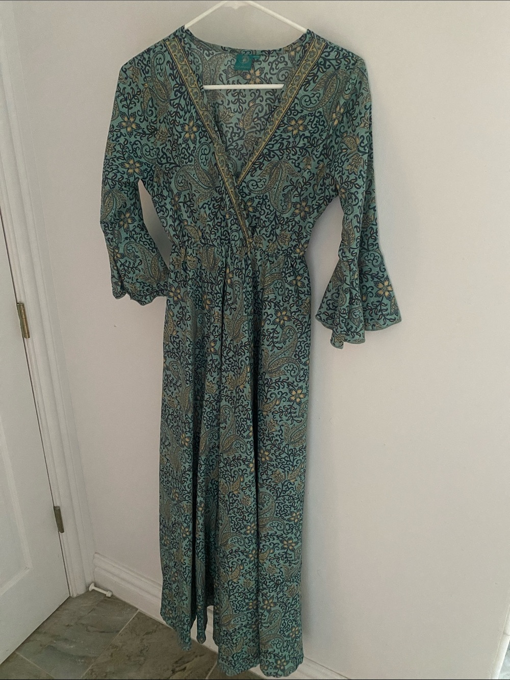 Teal Paisley Maxi Wrap Dress with Ruffled Sleeves